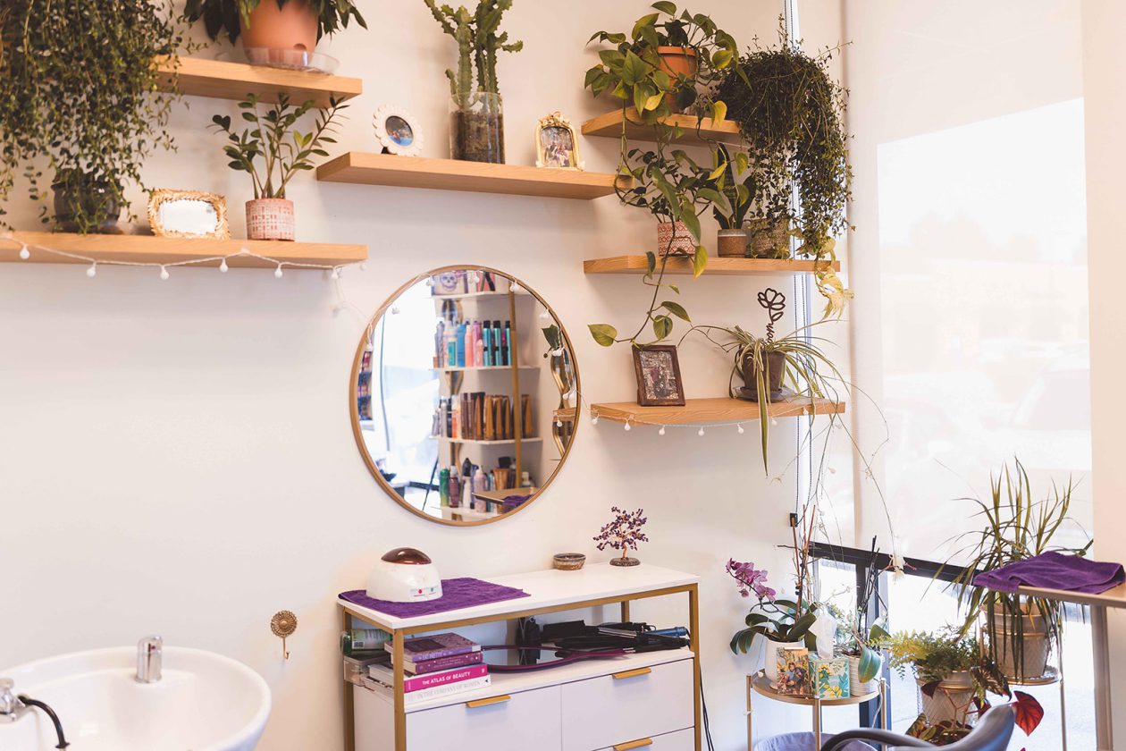 WanderLux salon suite styled with hanging plants, floating shelves and a round mirror