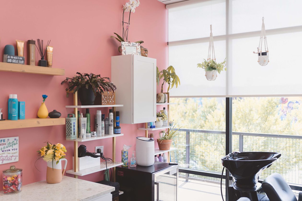 WanderLux suite at University Hill with a pink accent wall and floor to ceiling windows